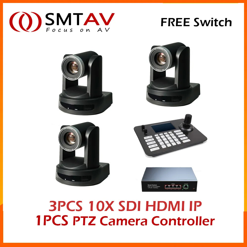 Free Shipping 3pcs SDI PTZ Camera 10X Zoom Live Streaming Camera for Church Business Meeting and 1PCS PTZ Camera Controller